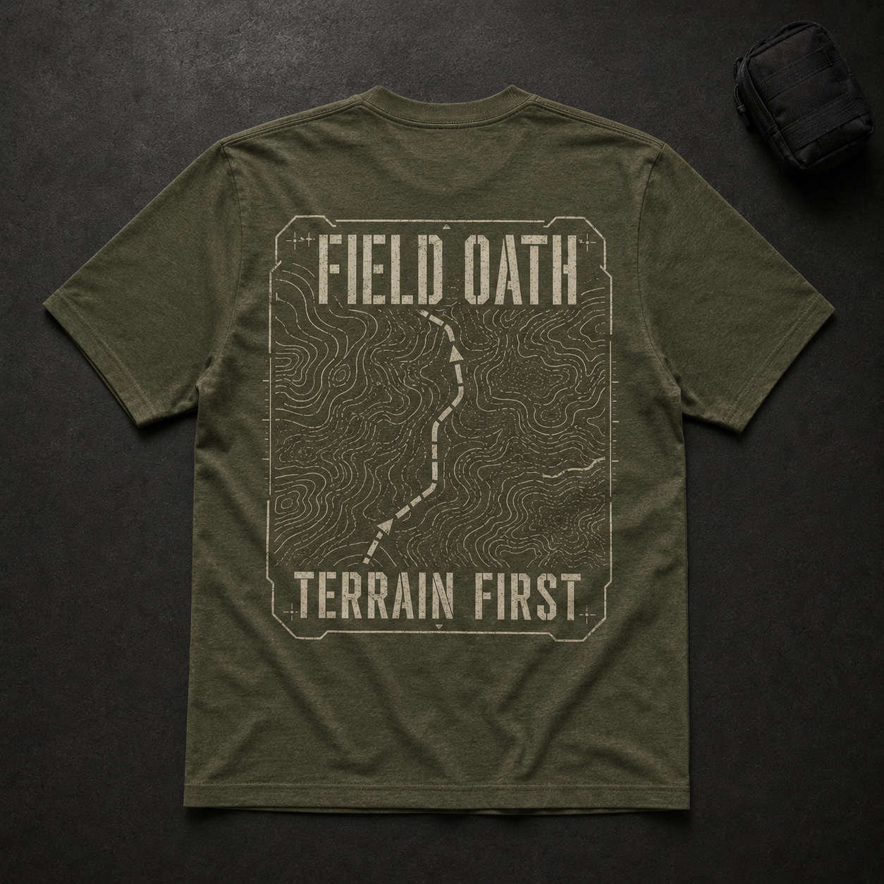Field olive FIELD OATH Terrain First T-Shirt back flat lay with contour map and marked movement lane graphic