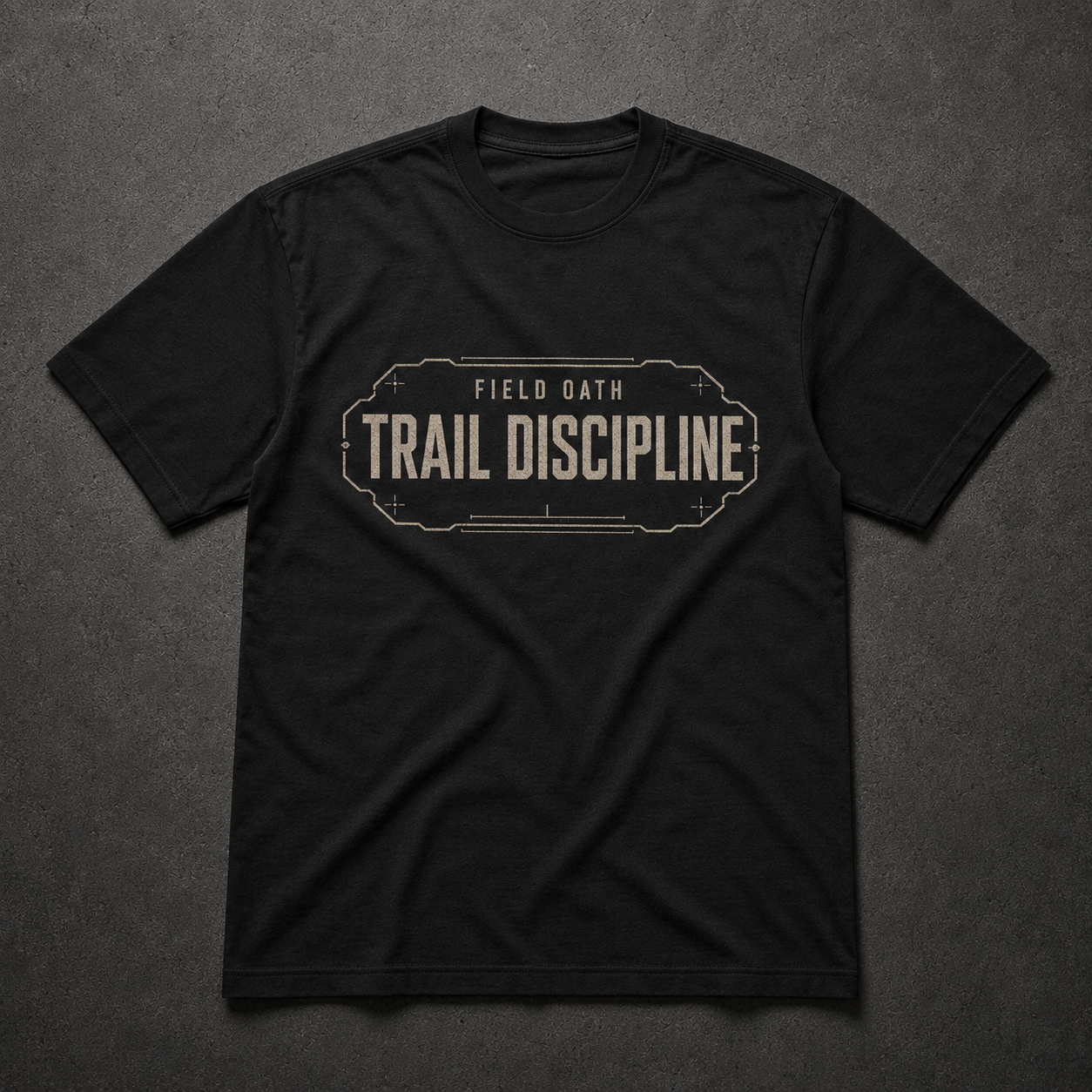 Black FIELD OATH Trail Discipline T-Shirt front flat lay with center-chest movement corridor graphic