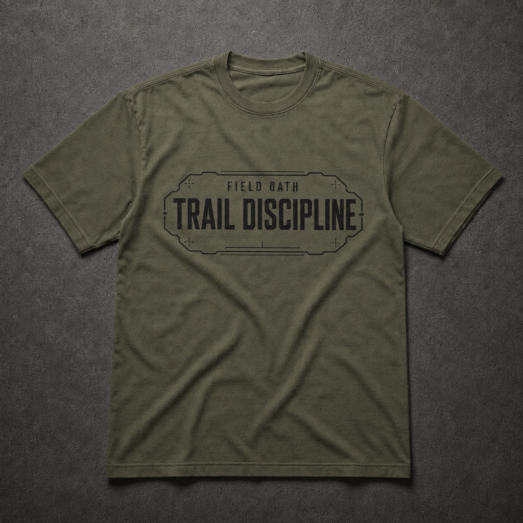 Field olive FIELD OATH Trail Discipline T-Shirt front flat lay with matching center-chest movement corridor graphic