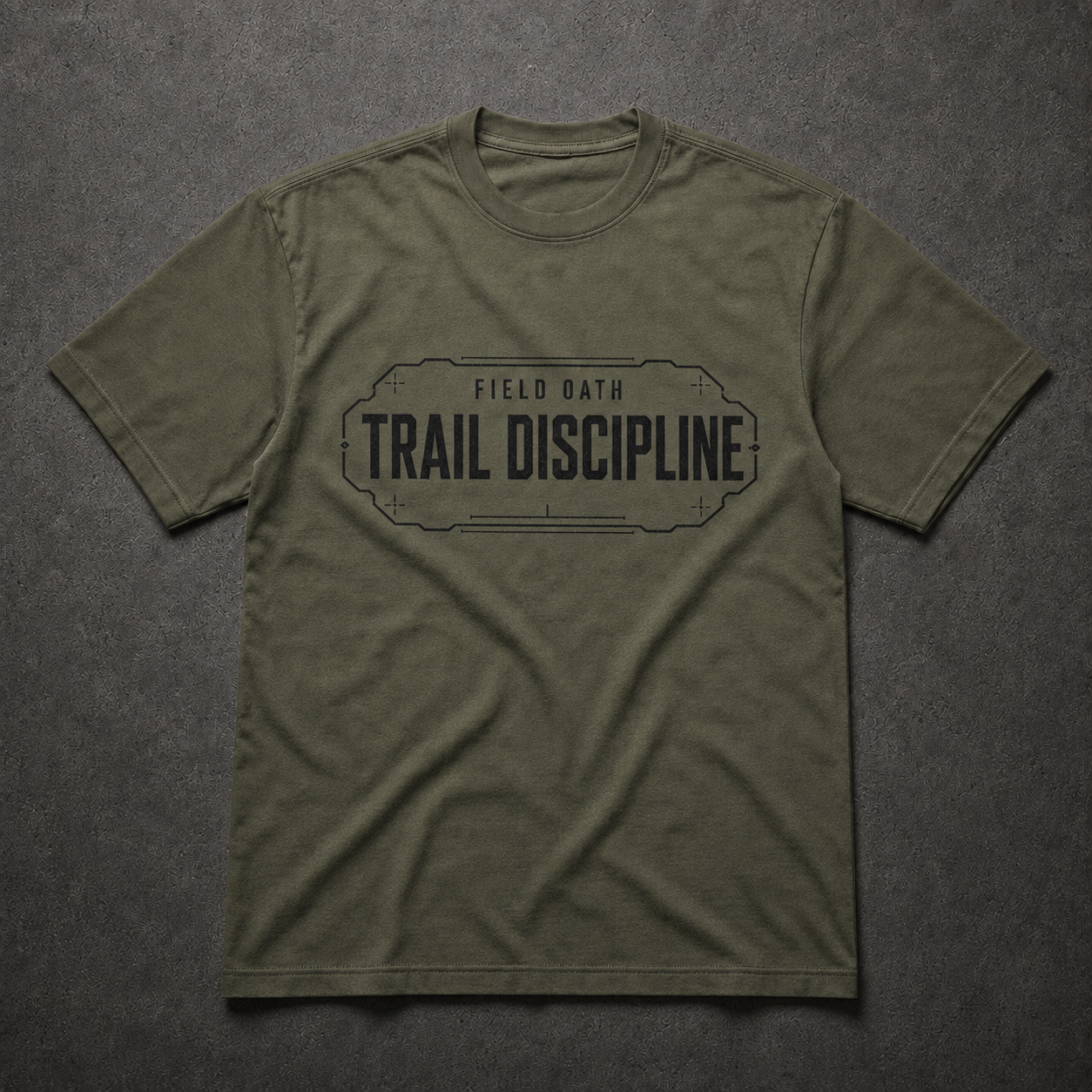 Field olive FIELD OATH Trail Discipline T-Shirt front flat lay with matching center-chest movement corridor graphic