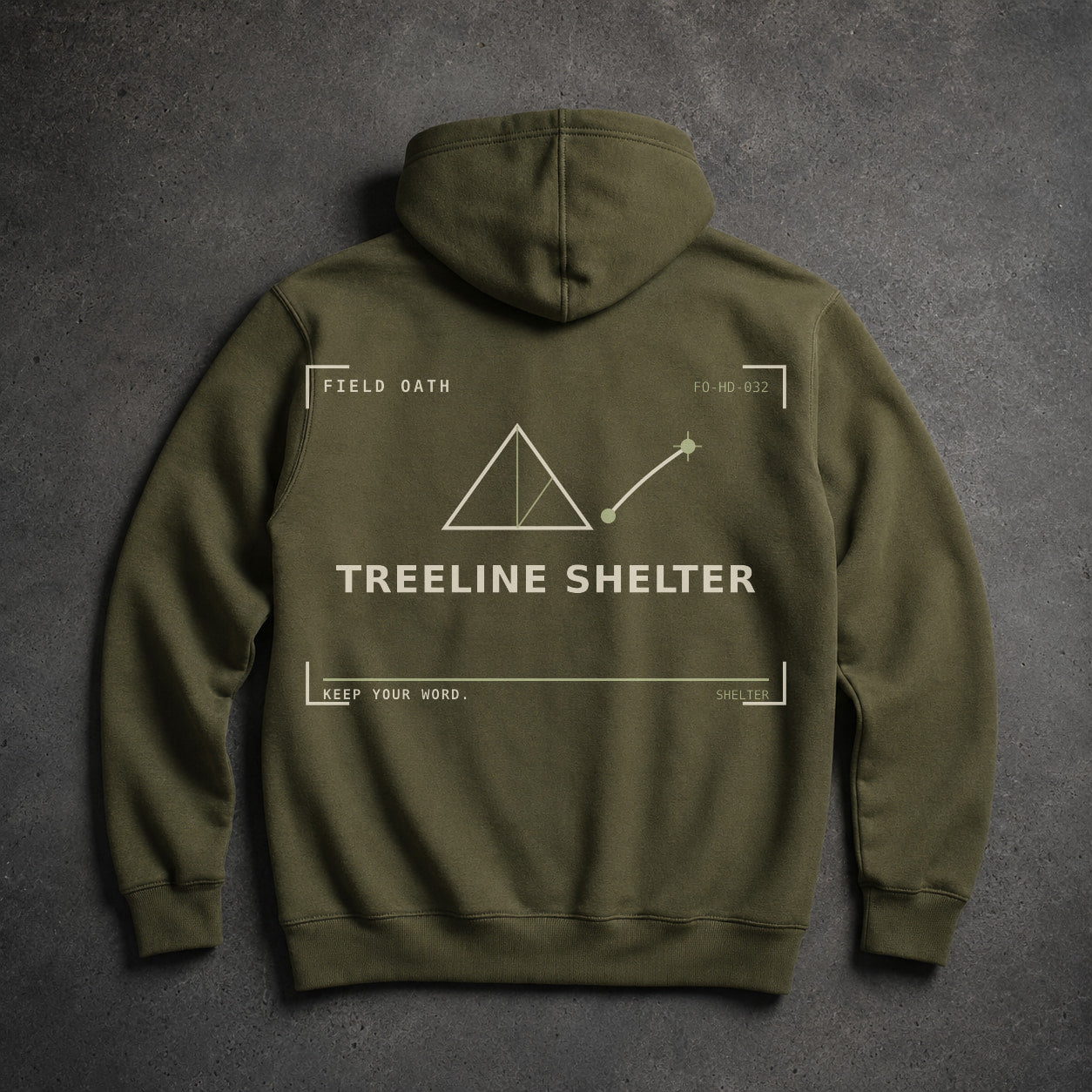 FIELD OATH Treeline Shelter Hoodie field olive hoodie large back artwork on dark concrete