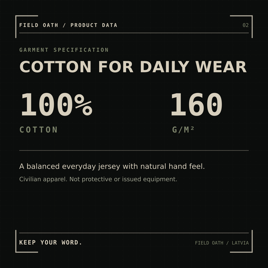 FIELD OATH Established Resolve T-Shirt material specification, 100 percent cotton and 160 grams per square metre