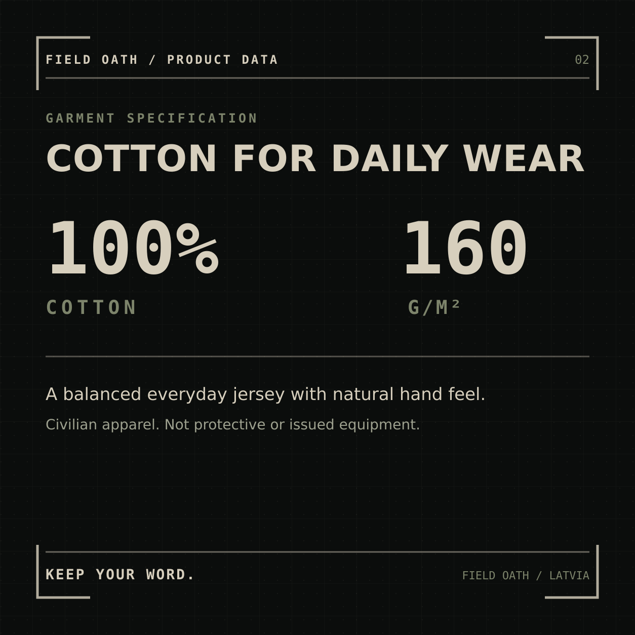 FIELD OATH Pack Light Move Far T-Shirt: material specification, 100 percent cotton and 160 grams per square metre