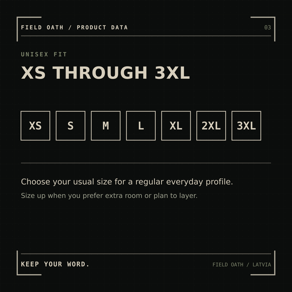 FIELD OATH Standard Mark T-Shirt unisex fit and size guide from XS to 3XL