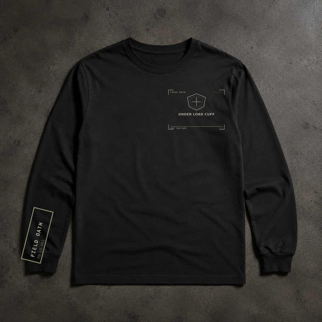 FIELD OATH Under Load Cuff Long Sleeve black long sleeve front artwork on dark concrete