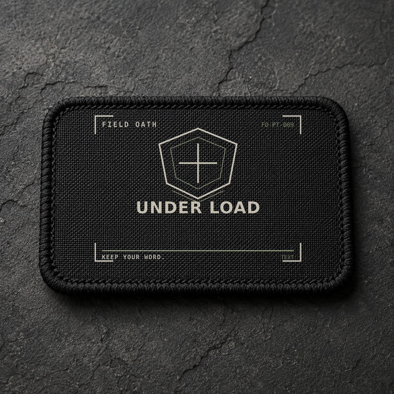 FIELD OATH Under Load Patch rectangular black embroidered patch with original FIELD OATH artwork