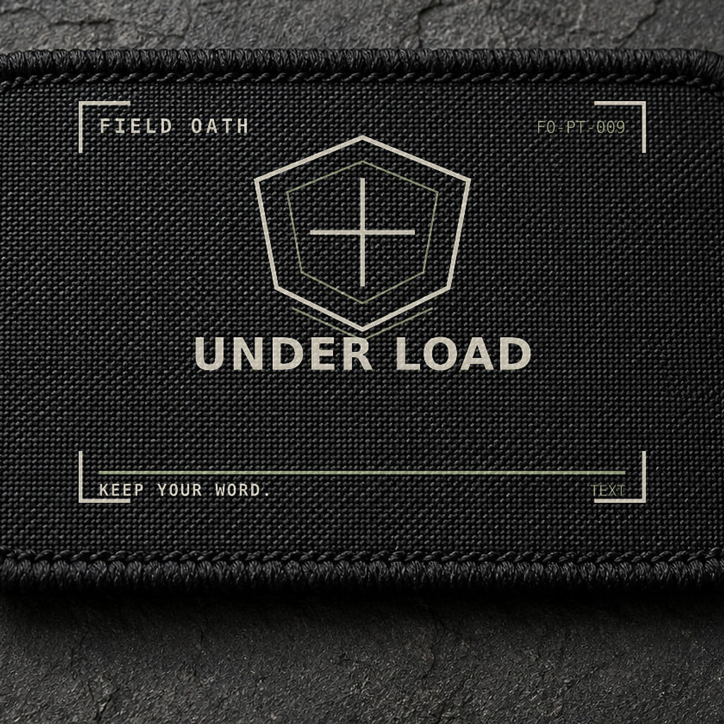 FIELD OATH Under Load Patch close-up showing woven face, stitched border and embroidery detail