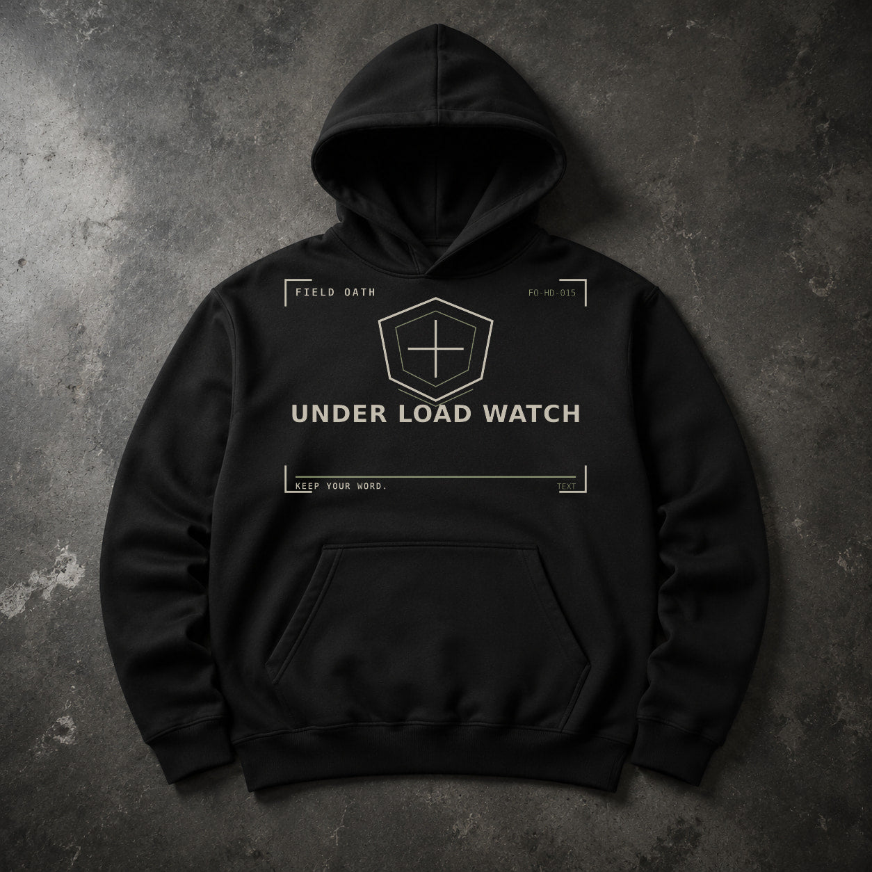 FIELD OATH Under Load Watch Hoodie black hoodie front artwork on dark concrete