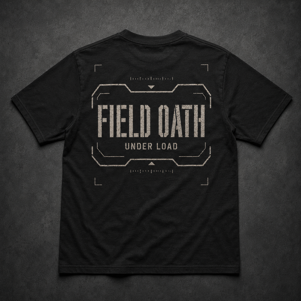 Black FIELD OATH Under Load Watch T-Shirt back flat lay with FIELD OATH and UNDER LOAD tactical artwork