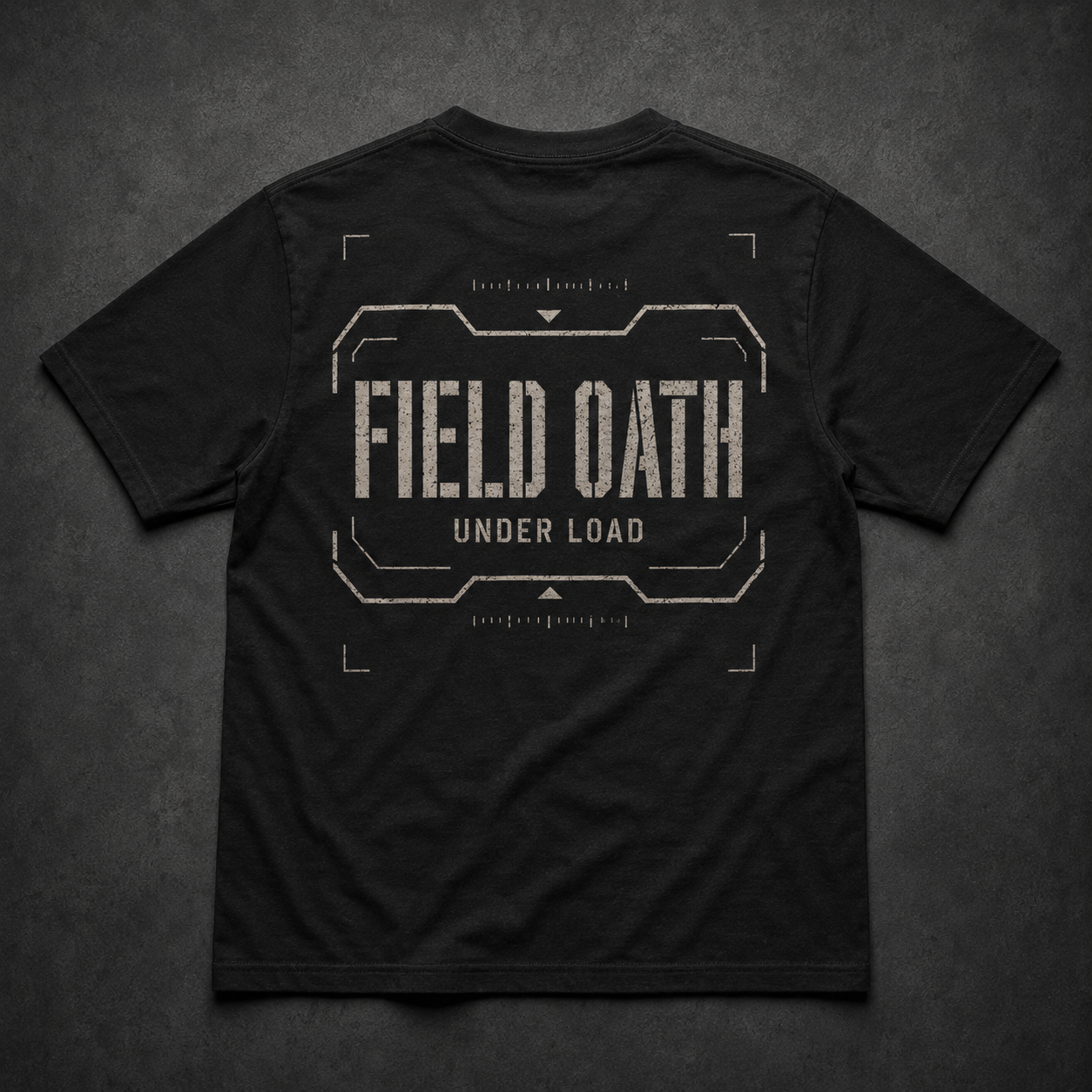Black FIELD OATH Under Load Watch T-Shirt back flat lay with FIELD OATH and UNDER LOAD tactical artwork
