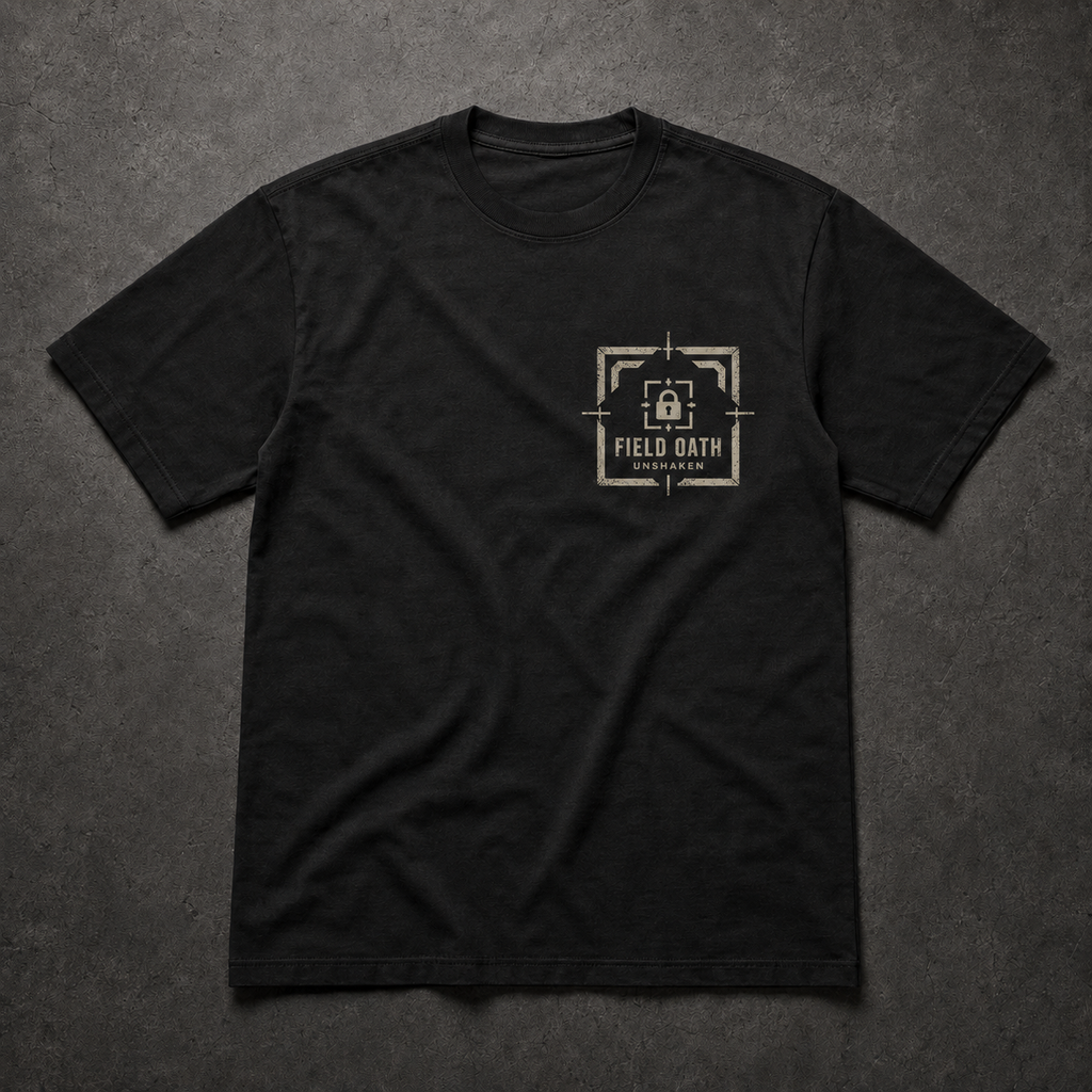 FIELD OATH Unshaken T-Shirt black front with locked center-point tactical emblem