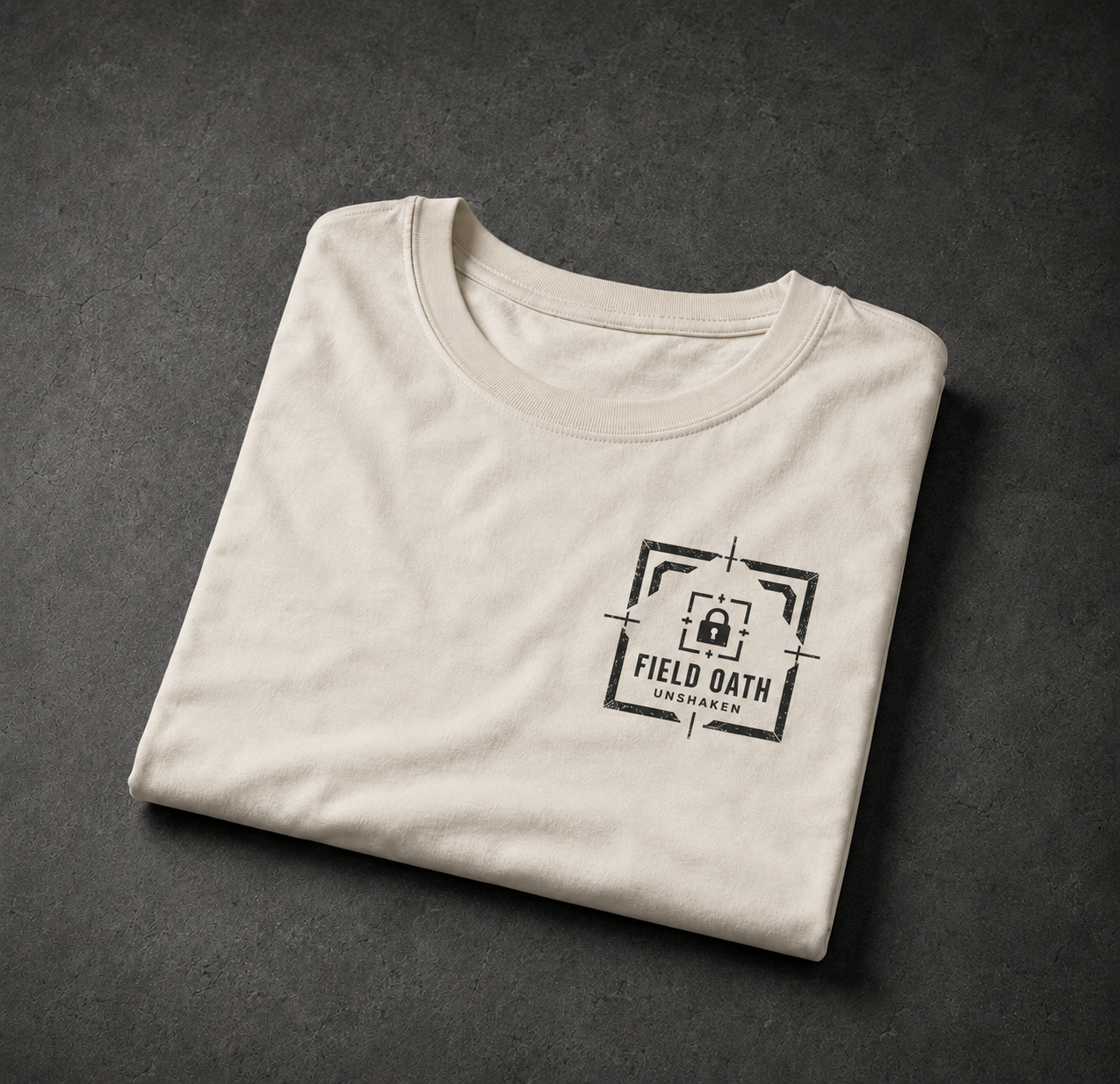 Bone FIELD OATH Unshaken T-Shirt folded with matching black lock emblem