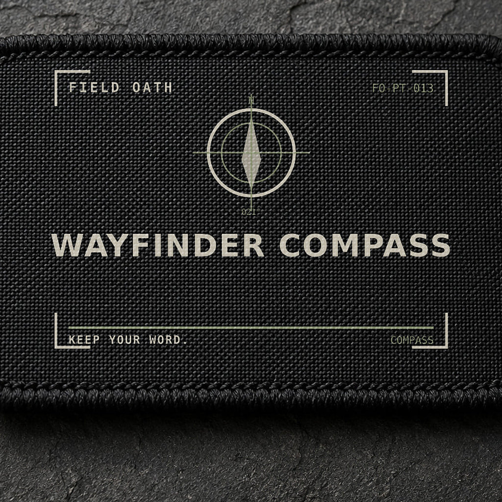FIELD OATH Wayfinder Compass Patch close-up showing woven face, stitched border and embroidery detail