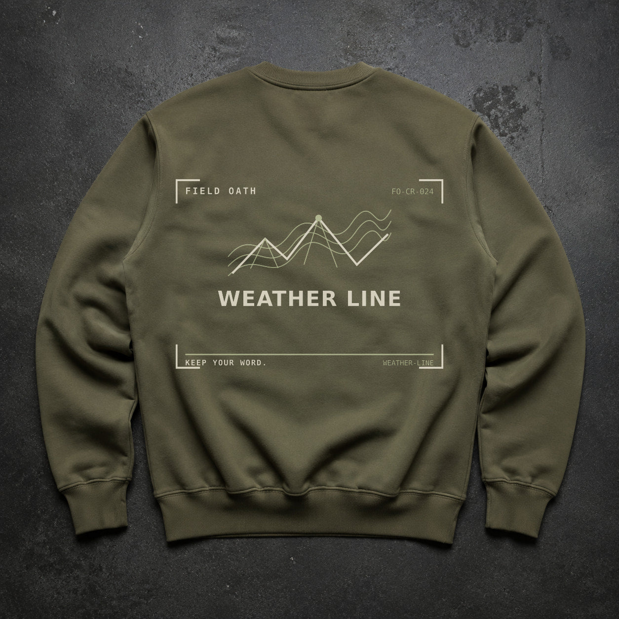 FIELD OATH Weather Line Crewneck field olive crewneck large back artwork on dark concrete