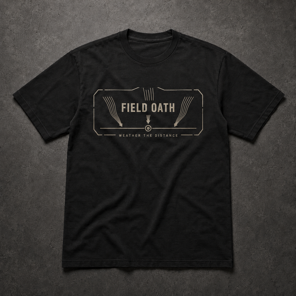 Black FIELD OATH Weather the Distance T-Shirt front flat lay with wind vectors and confirmed movement marker