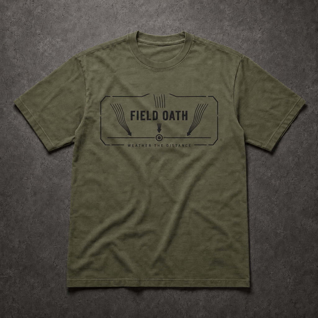 Field olive FIELD OATH Weather the Distance T-Shirt front flat lay with matching wind vectors and movement marker