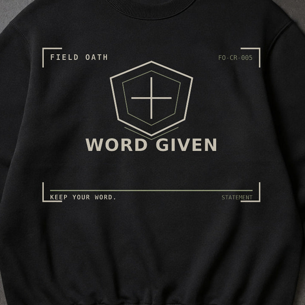 FIELD OATH Word Given Crewneck close-up of original tactical artwork and fabric texture