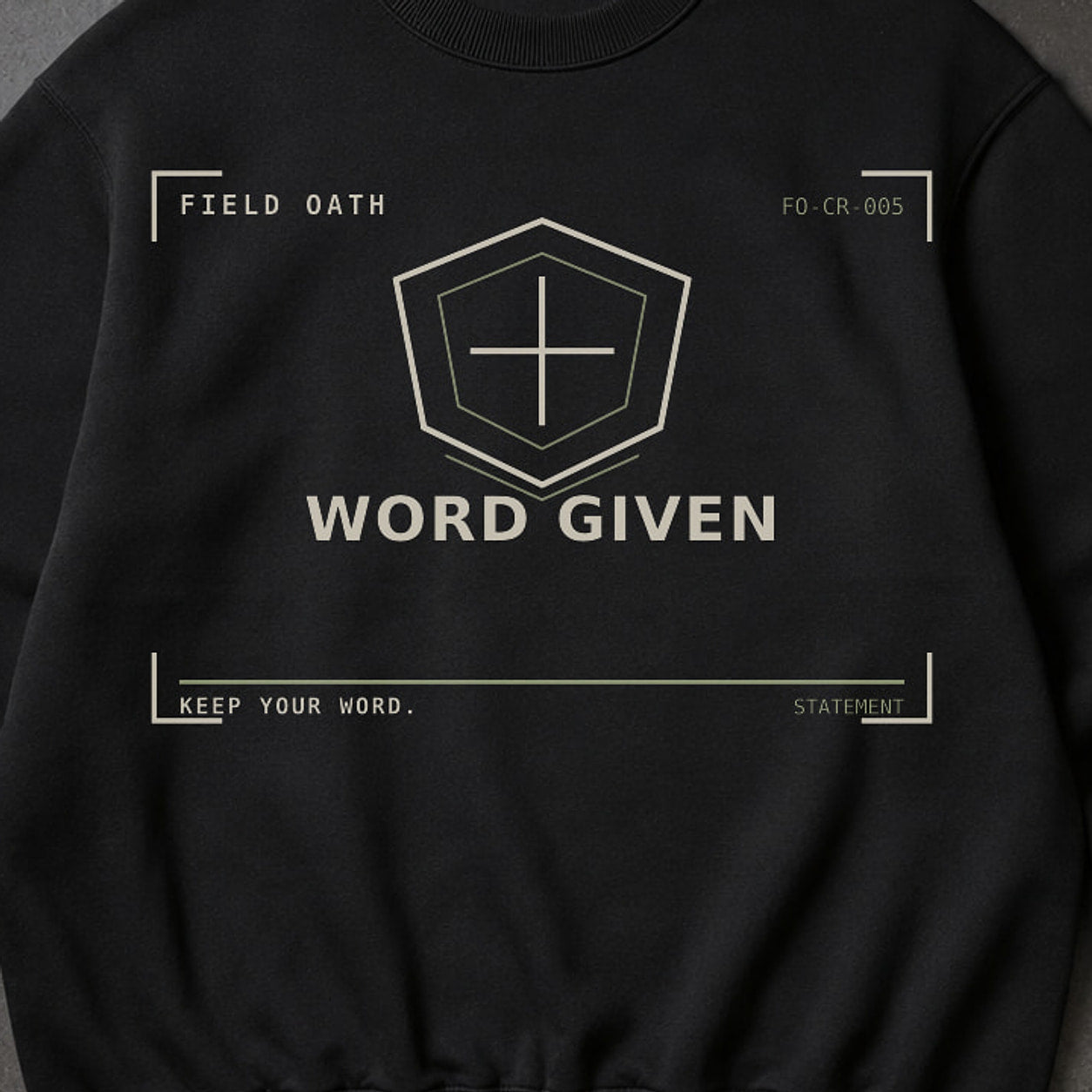 FIELD OATH Word Given Crewneck close-up of original tactical artwork and fabric texture