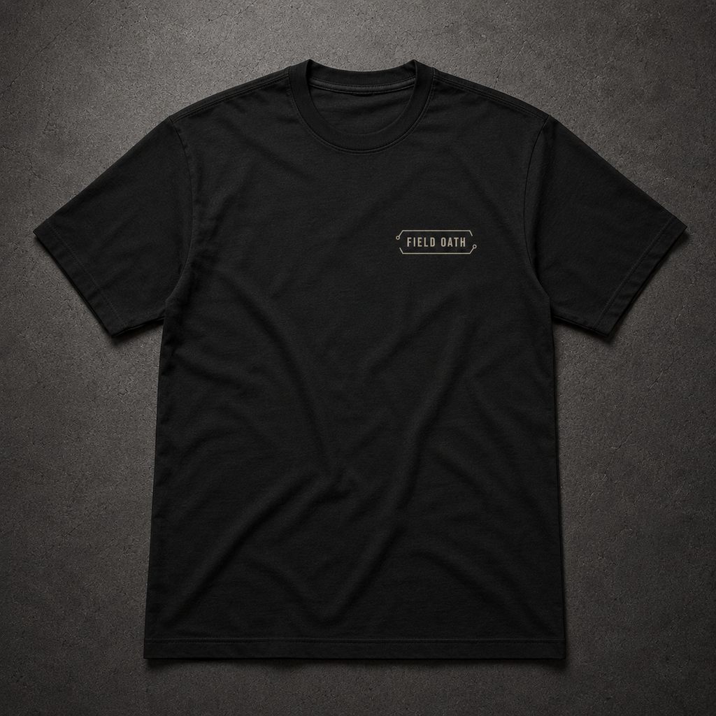 Black FIELD OATH Word Is Bond T-Shirt front flat lay with linked-line chest identifier