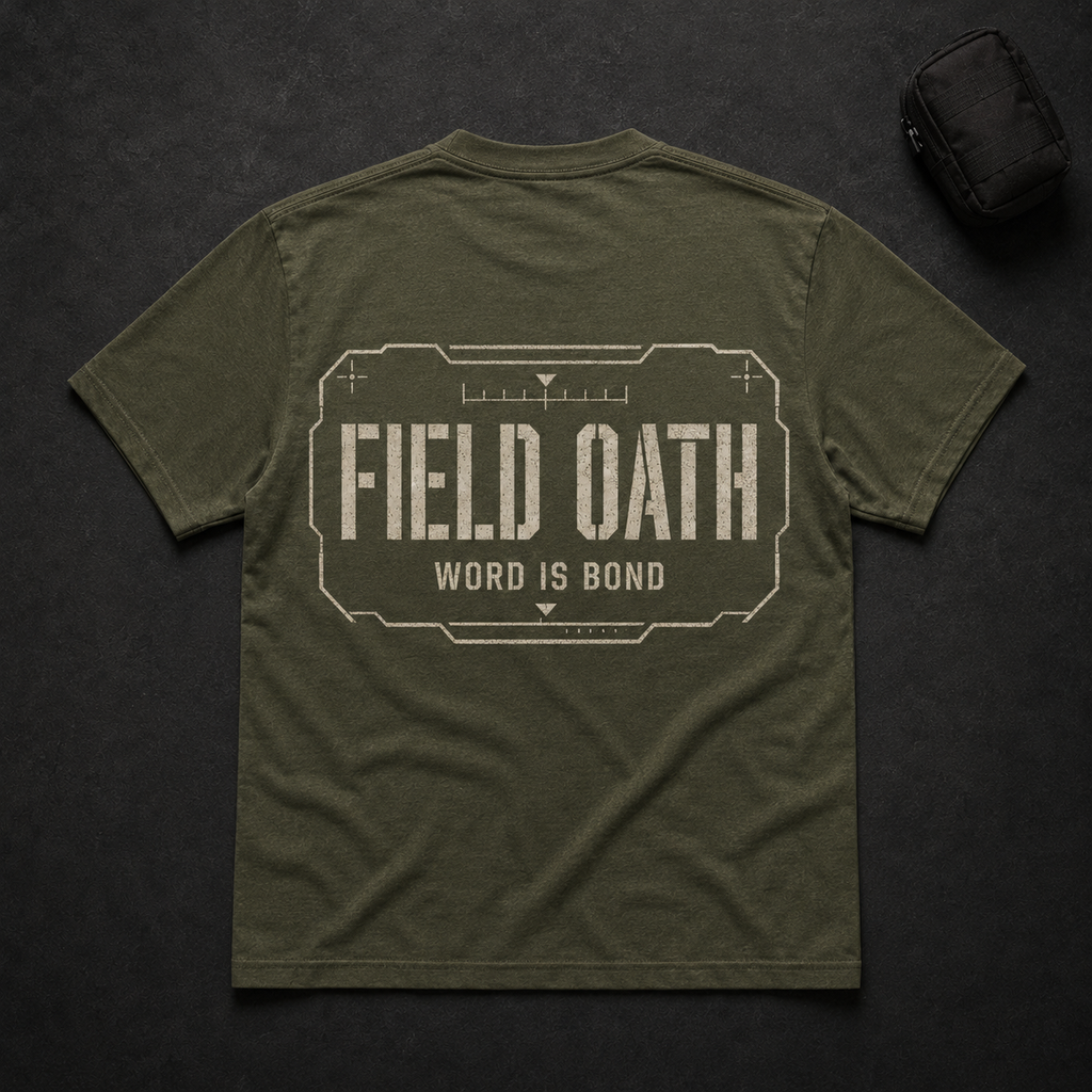 Field olive FIELD OATH Word Is Bond T-Shirt back flat lay with large linked-line tactical graphic