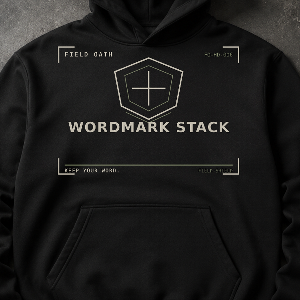FIELD OATH Wordmark Stack Hoodie close-up of original tactical artwork and fabric texture