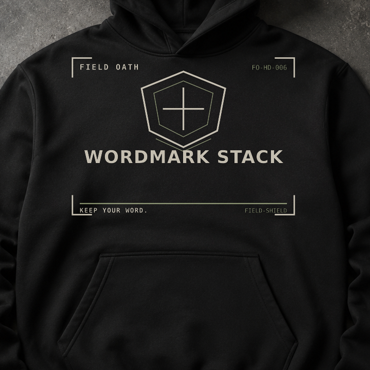 FIELD OATH Wordmark Stack Hoodie close-up of original tactical artwork and fabric texture