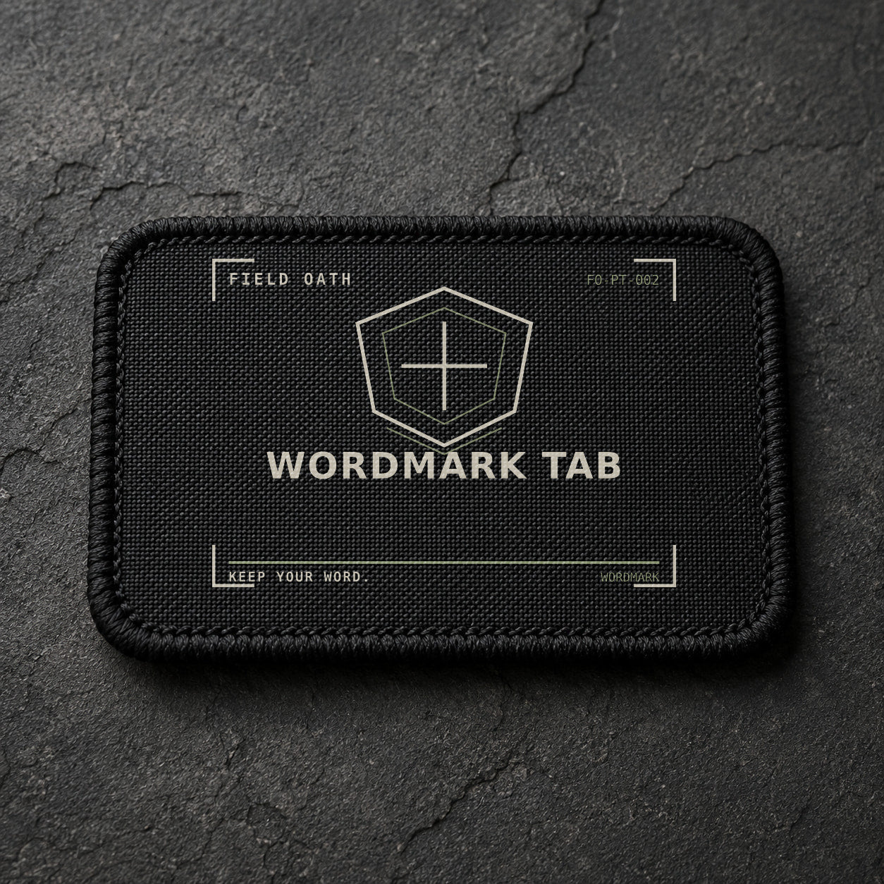 FIELD OATH Wordmark Tab Patch rectangular black embroidered patch with original FIELD OATH artwork