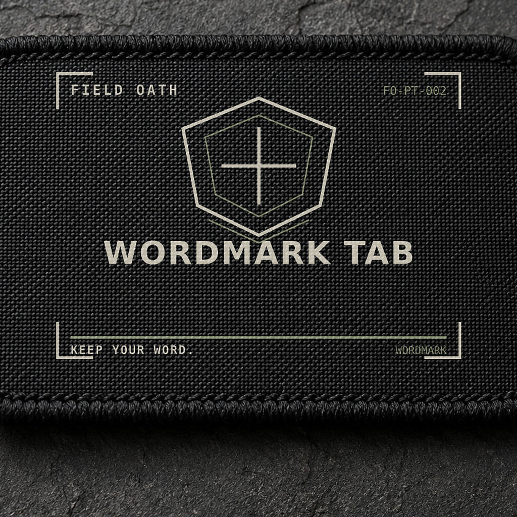 FIELD OATH Wordmark Tab Patch close-up showing woven face, stitched border and embroidery detail