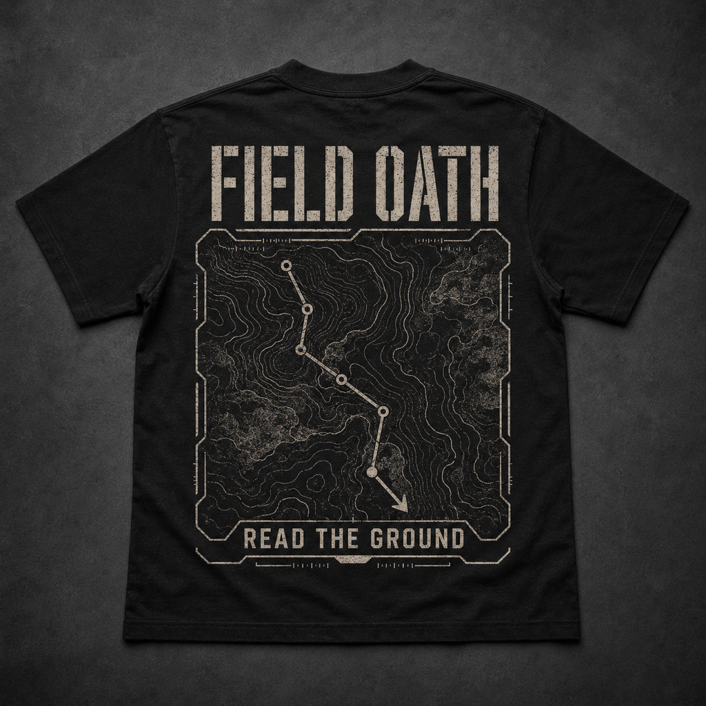 Black FIELD OATH Read the Ground T-Shirt back flat lay with tactical topographic route artwork