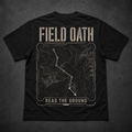 Black FIELD OATH Read the Ground T-Shirt back flat lay with tactical topographic route artwork