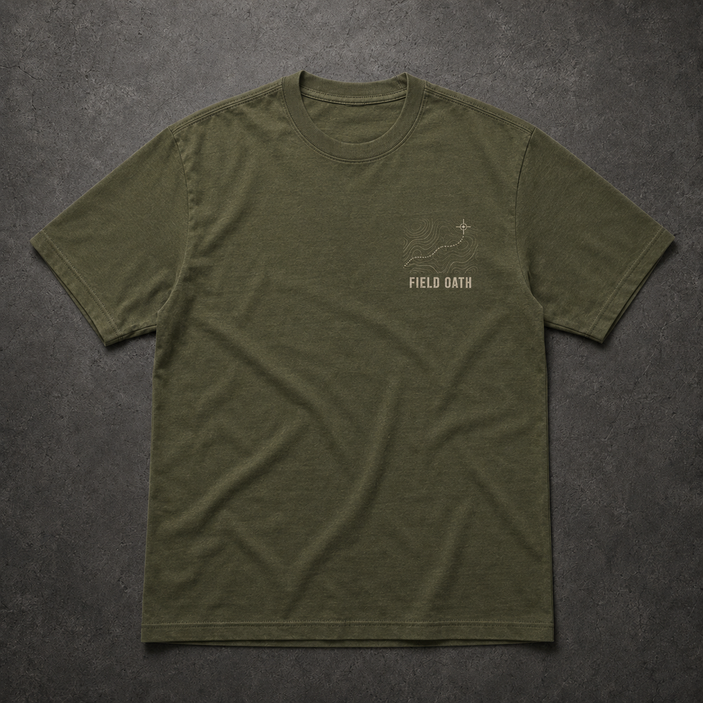 Field olive FIELD OATH Read the Ground T-Shirt front flat lay with topographic chest identifier