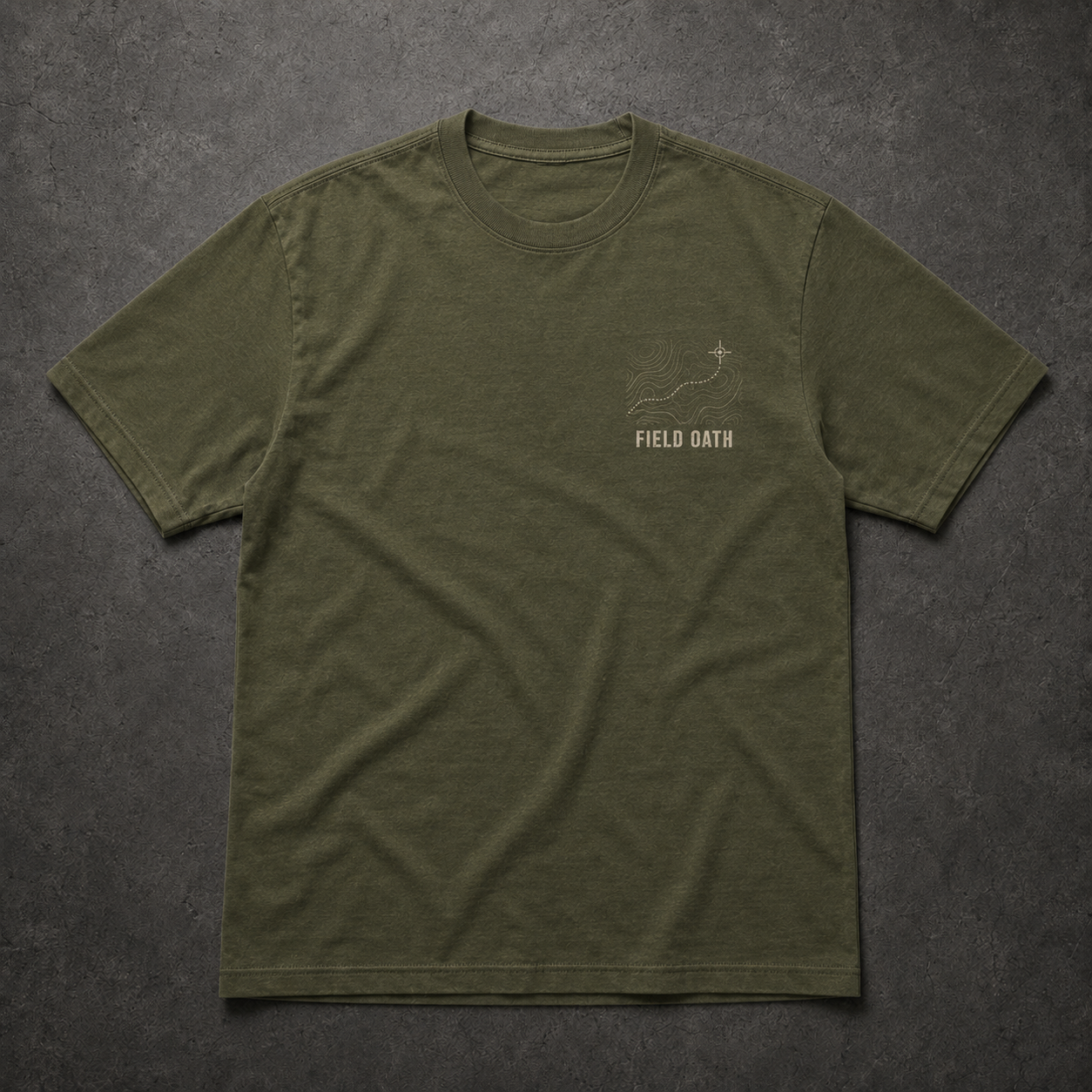 Field olive FIELD OATH Read the Ground T-Shirt front flat lay with topographic chest identifier