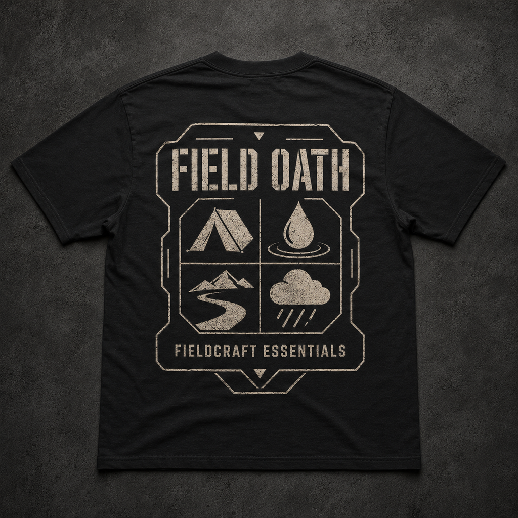 Black FIELD OATH Fieldcraft Essentials T-Shirt back flat lay with tactical field icon panel