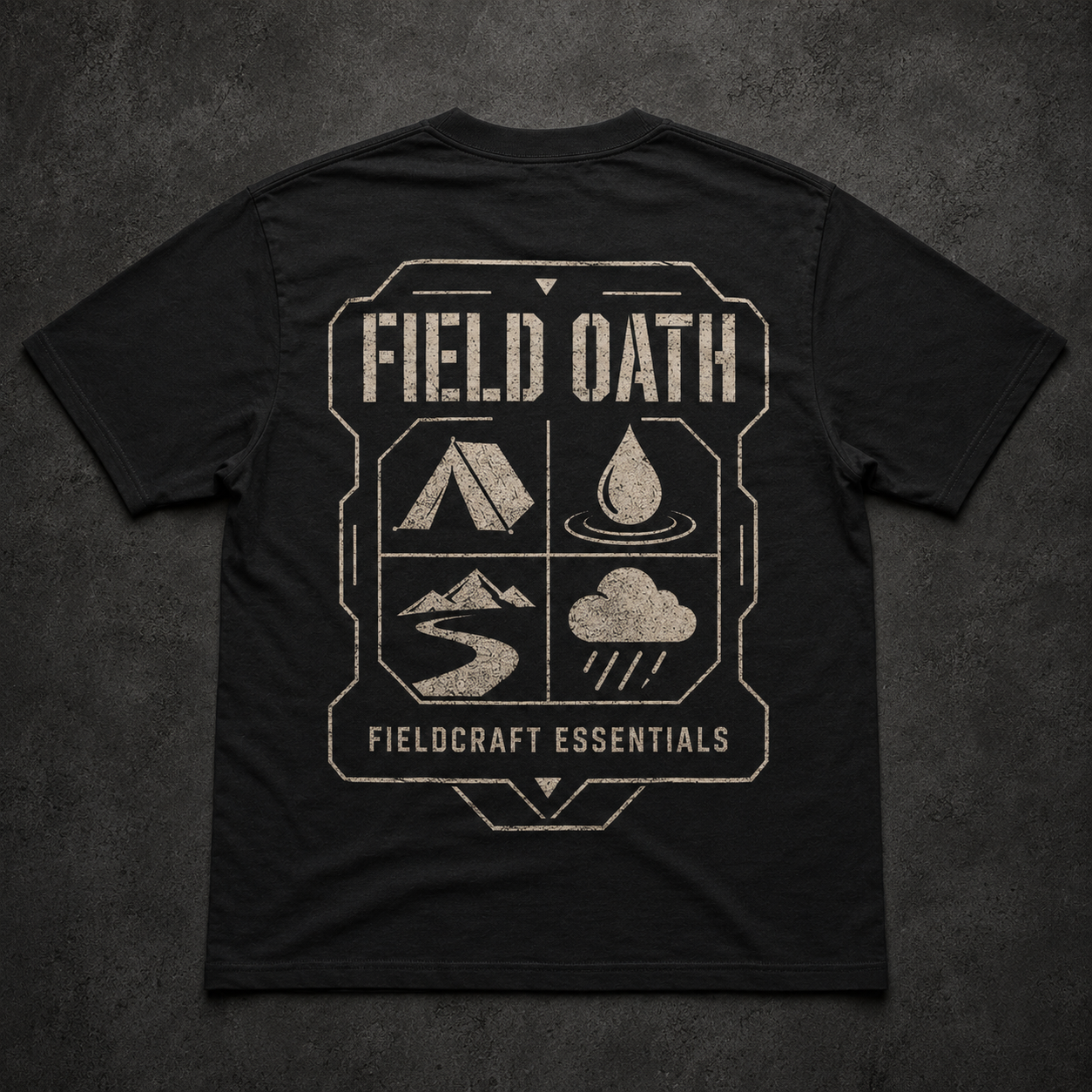 Black FIELD OATH Fieldcraft Essentials T-Shirt back flat lay with tactical field icon panel