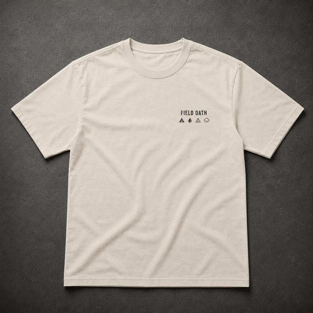 Bone FIELD OATH Fieldcraft Essentials T-Shirt front flat lay with small fieldcraft chest identifier