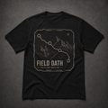 Black FIELD OATH Pack Light Move Far T-Shirt front flat lay with centered route-line artwork