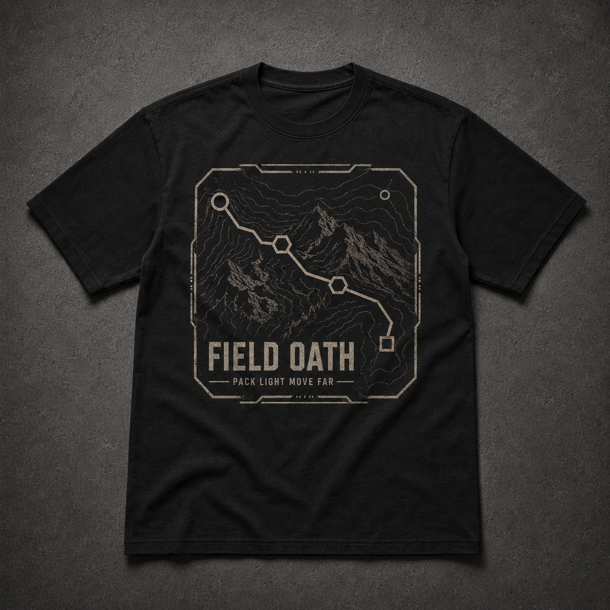 Black FIELD OATH Pack Light Move Far T-Shirt front flat lay with centered route-line artwork