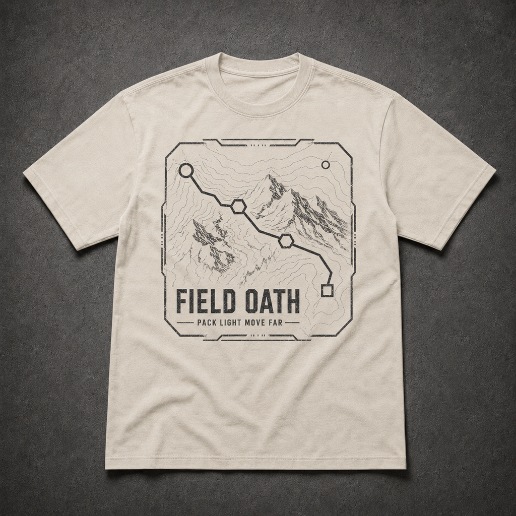 Bone FIELD OATH Pack Light Move Far T-Shirt front flat lay with matching centered route-line artwork