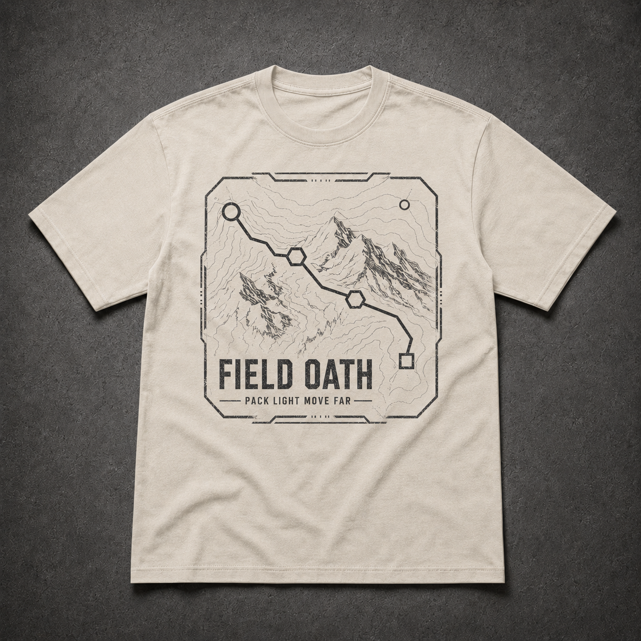 Bone FIELD OATH Pack Light Move Far T-Shirt front flat lay with matching centered route-line artwork