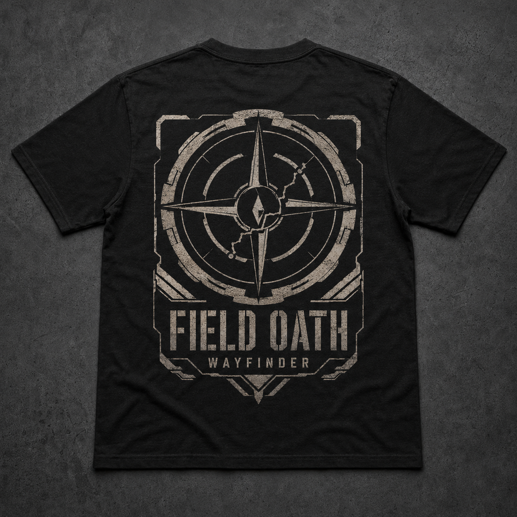 Black FIELD OATH Wayfinder T-Shirt back flat lay with hard-edged navigation compass artwork