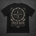 Black FIELD OATH Wayfinder T-Shirt back flat lay with hard-edged navigation compass artwork