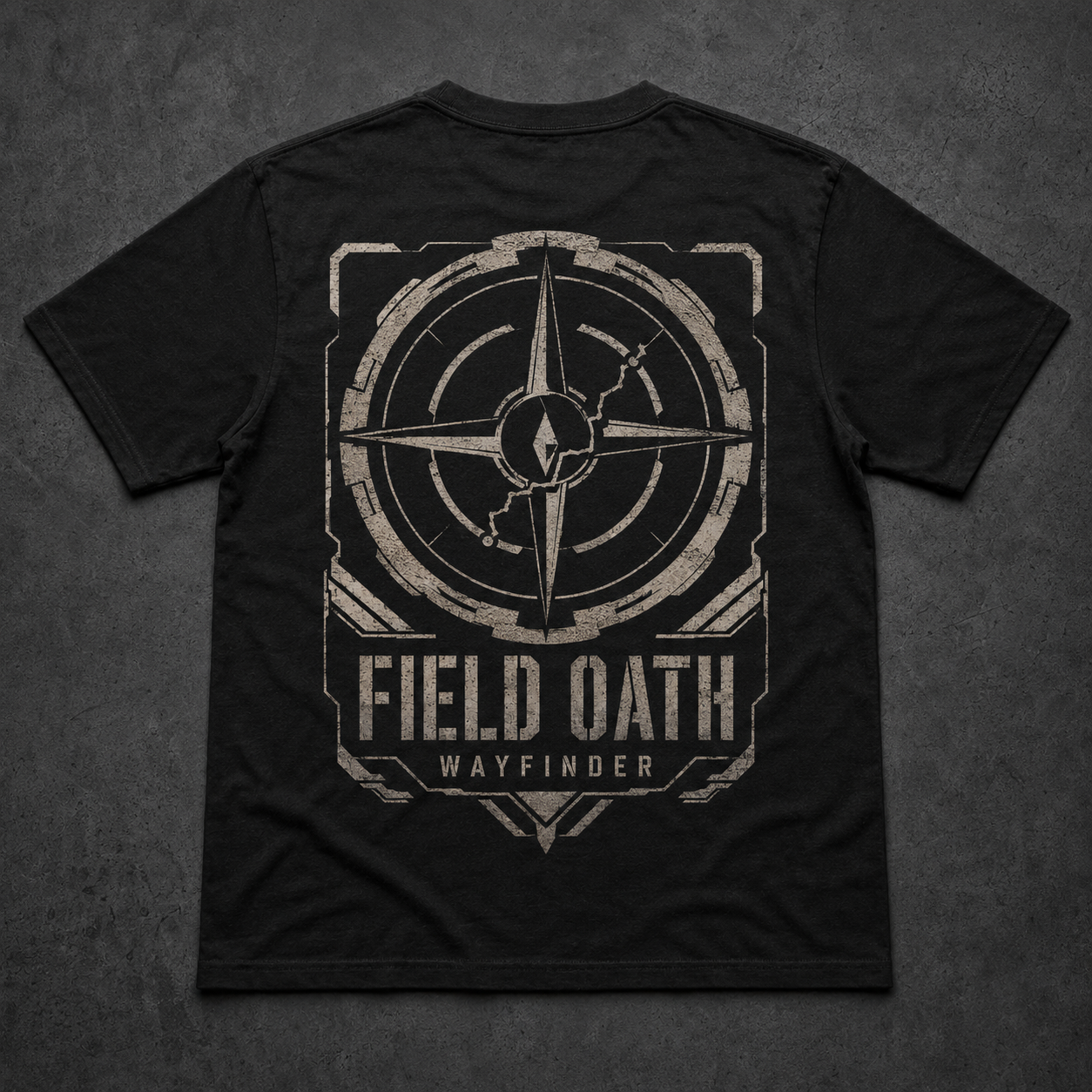 Black FIELD OATH Wayfinder T-Shirt back flat lay with hard-edged navigation compass artwork
