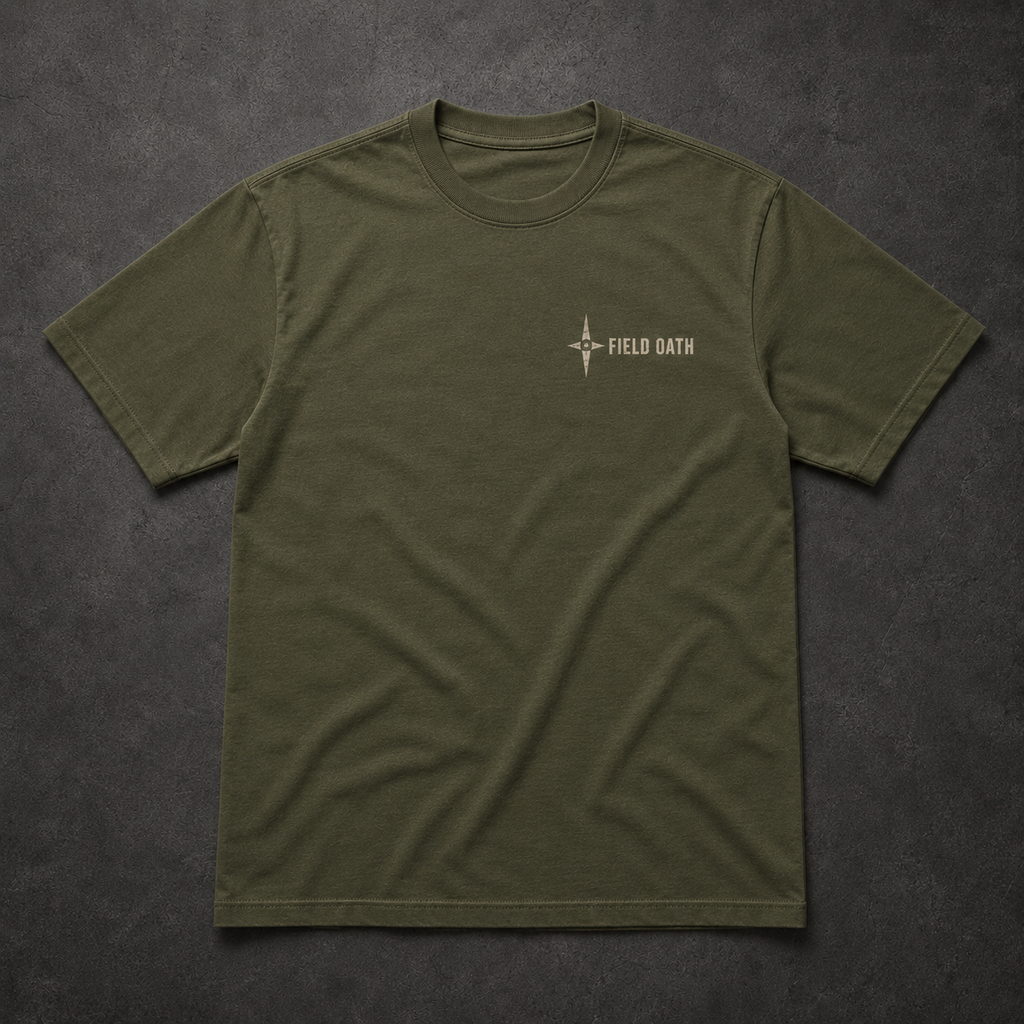 Field olive FIELD OATH Wayfinder T-Shirt front flat lay with small compass chest identifier