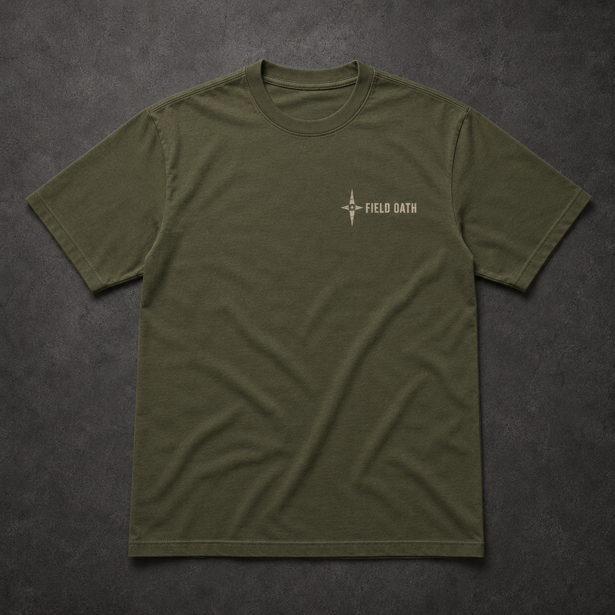 Field olive FIELD OATH Wayfinder T-Shirt front flat lay with small compass chest identifier