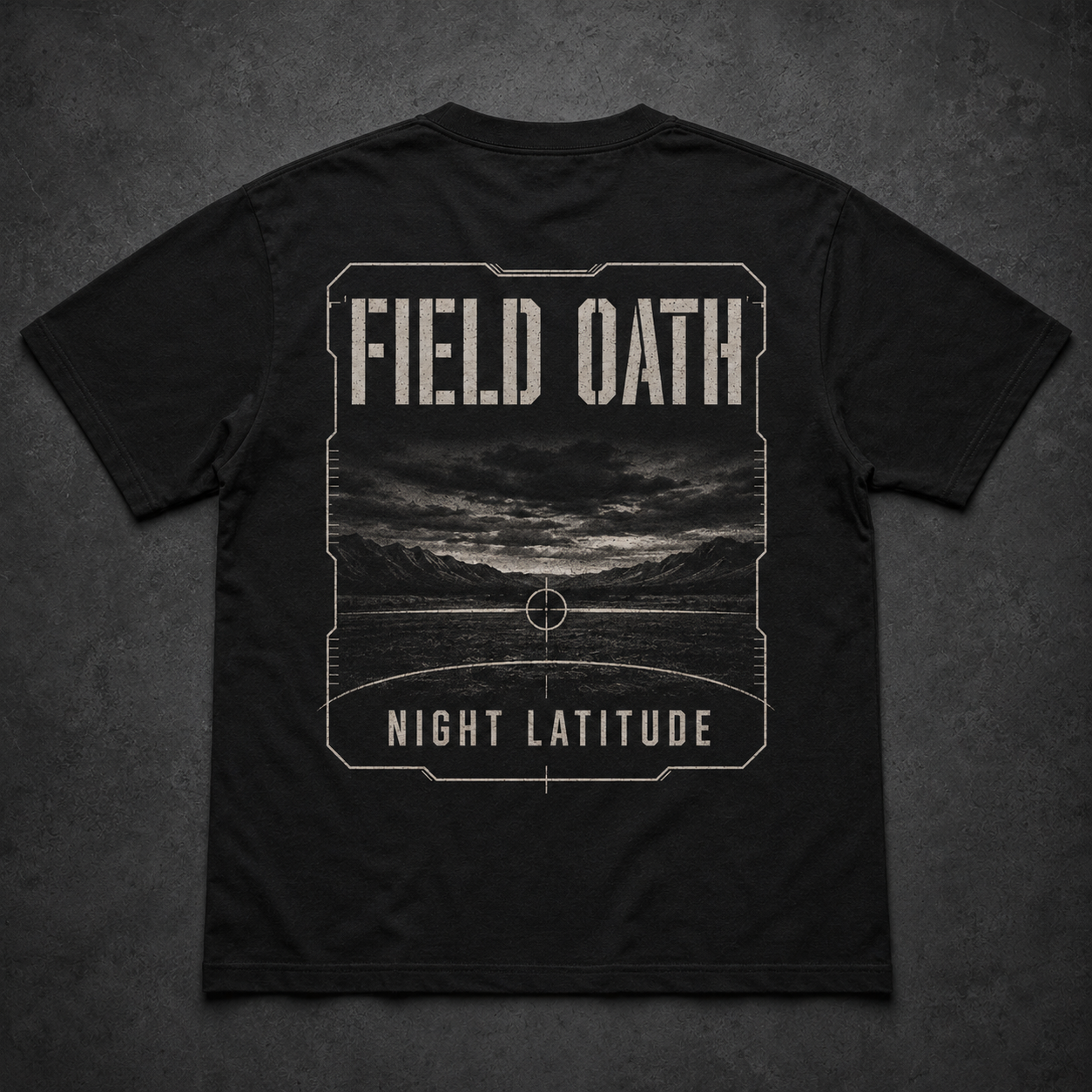 Black FIELD OATH Night Latitude T-Shirt back flat lay with tactical night horizon artwork
