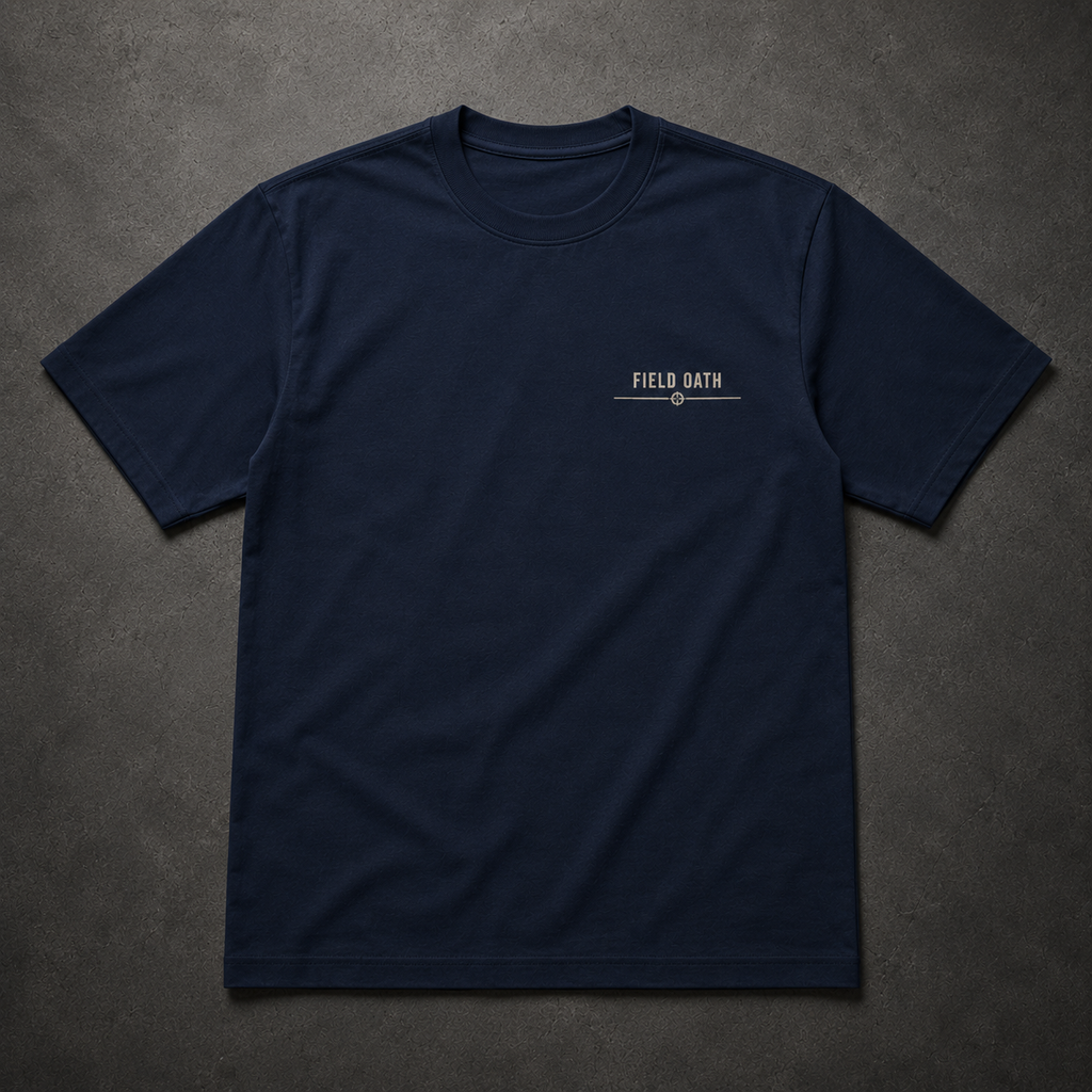 Navy FIELD OATH Night Latitude T-Shirt front flat lay with horizon chest identifier