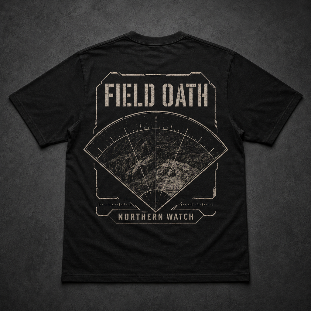 Black FIELD OATH Northern Watch T-Shirt back flat lay with tactical observation arc artwork