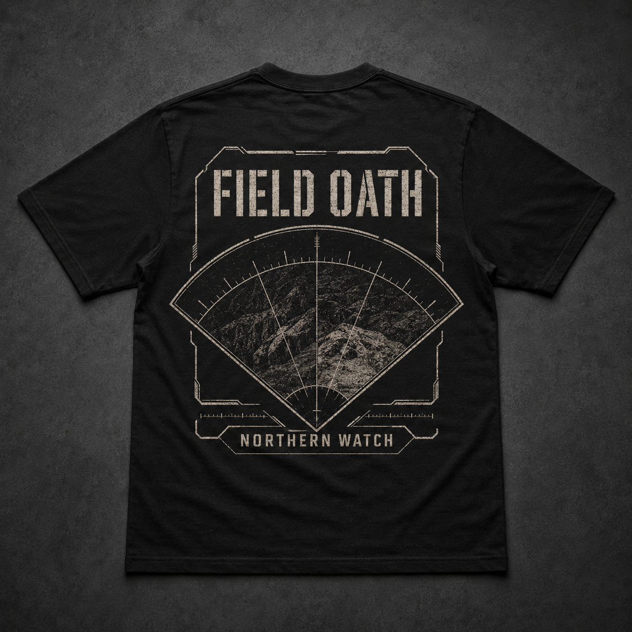 Black FIELD OATH Northern Watch T-Shirt back flat lay with tactical observation arc artwork