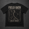 Black FIELD OATH Cold Coast T-Shirt back flat lay with tactical coastline survey artwork
