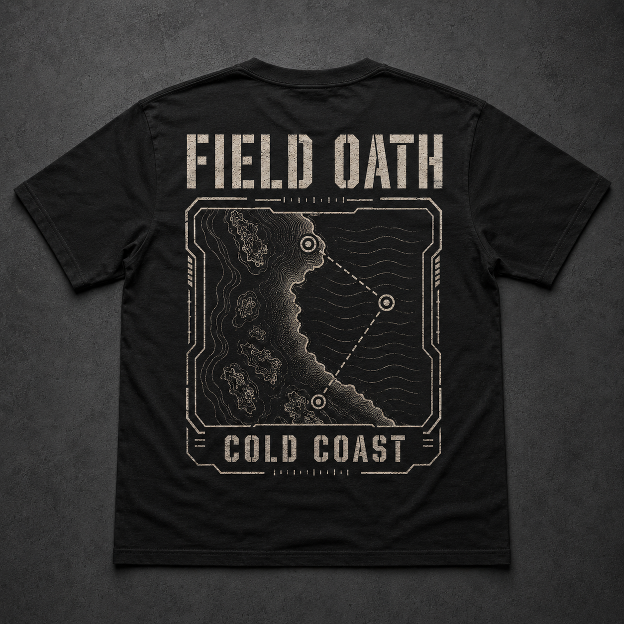 Black FIELD OATH Cold Coast T-Shirt back flat lay with tactical coastline survey artwork
